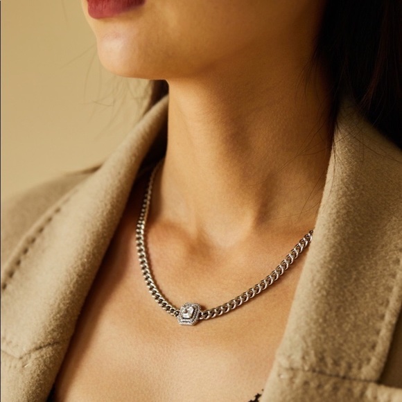 💎Street Fashion Silver Toned Zirconia Chain Necklace princess cut - Picture 9 of 10